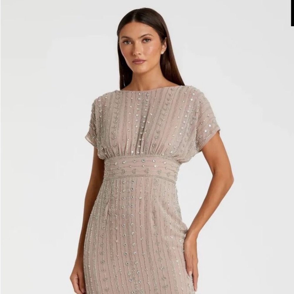 Mac Duggal Taupe Beaded Midi Sheath Dress